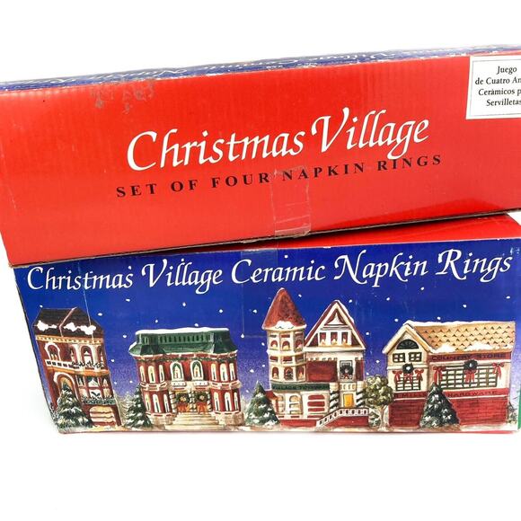 Vintage Christmas Village Ceramic Holiday Town Napkin Rings Two Sets of 4 rings - Picture 3 of 13